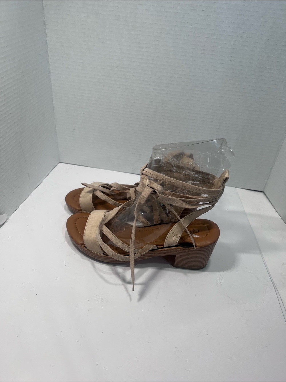 Women's Beige Lace-Up Strappy Sandals with Low Block Heel